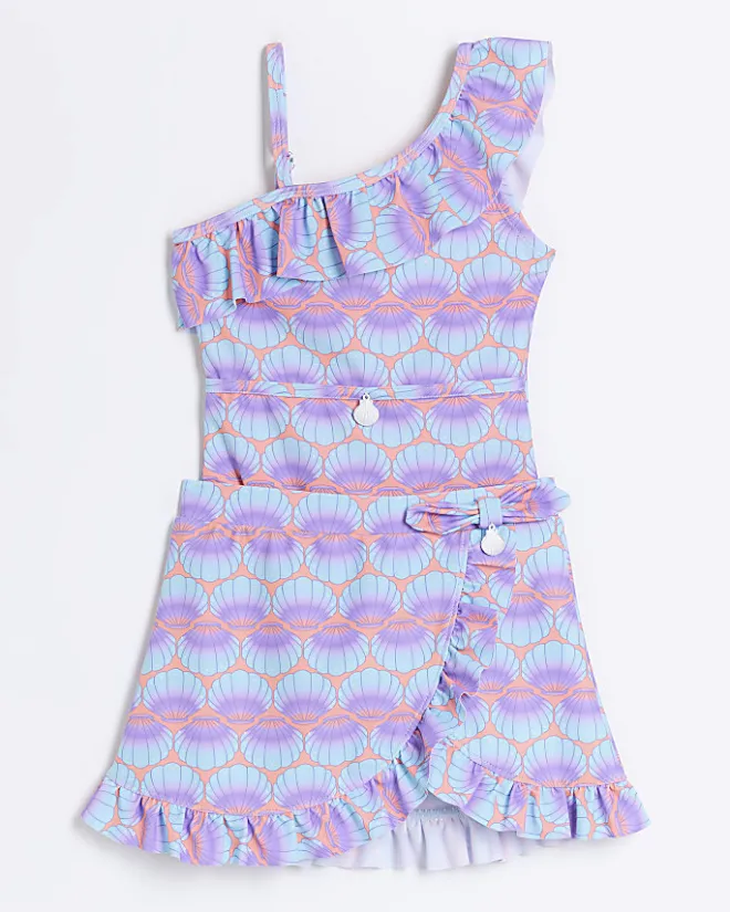River Island Mini girls coral shell swimsuit and skirt set Orange Outlet