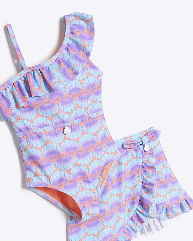 River Island Mini girls coral shell swimsuit and skirt set Orange Outlet