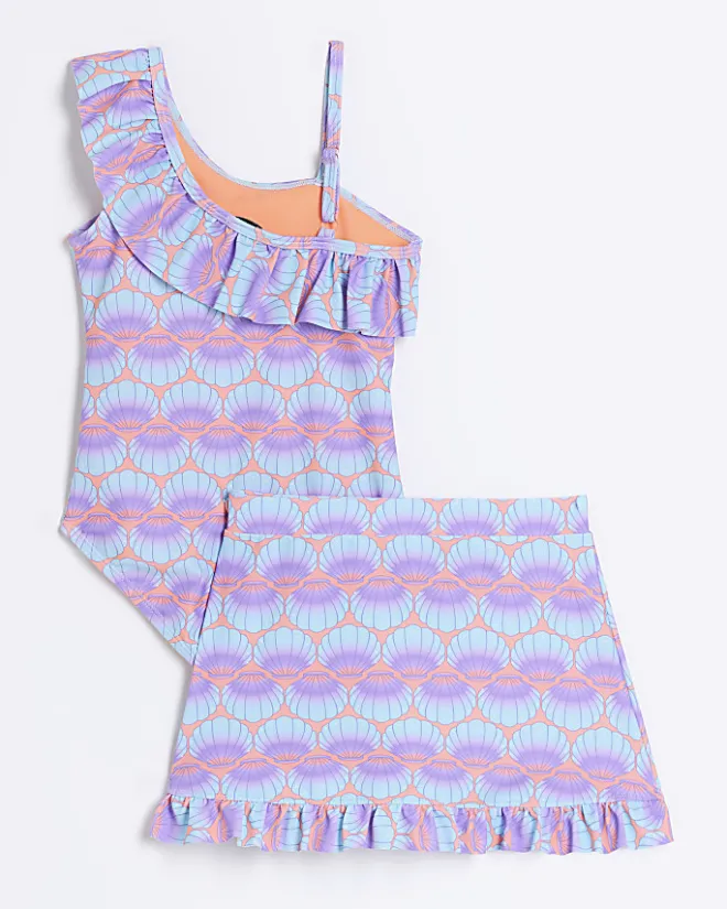 River Island Mini girls coral shell swimsuit and skirt set Orange Outlet
