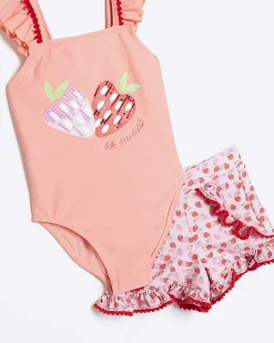 River Island Mini girls coral strawberry swimsuit set Orange Best