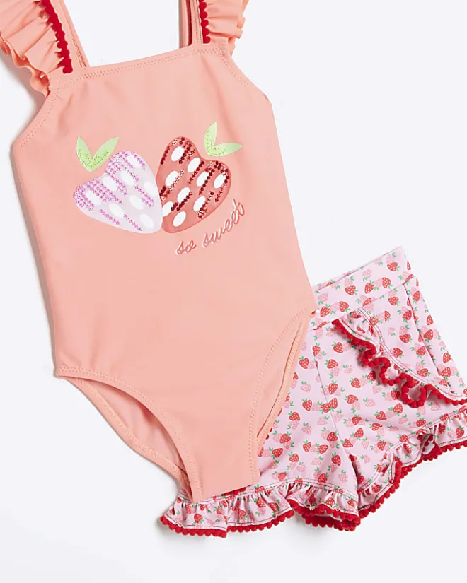 River Island Mini girls coral strawberry swimsuit set Orange Best