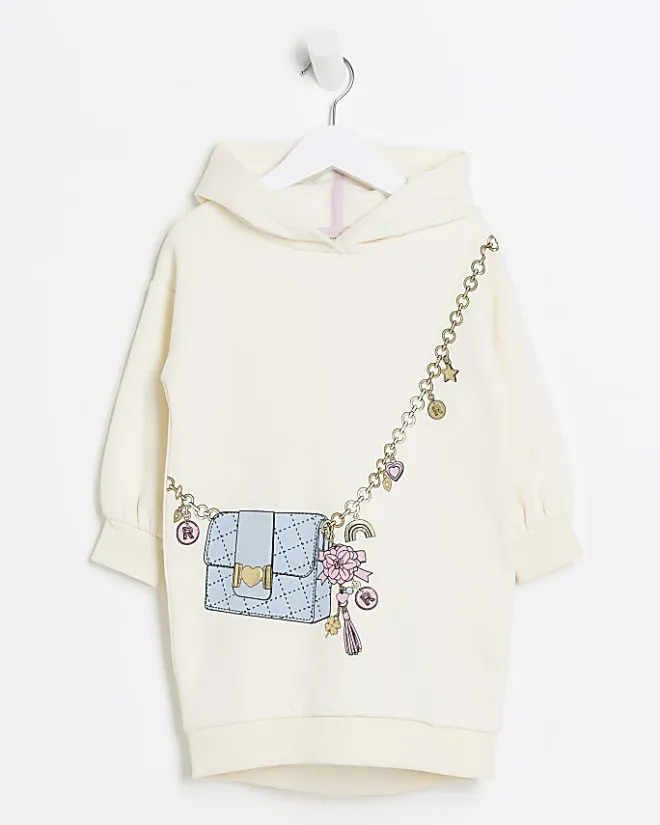 River Island Mini girls bag graphic hooded dress Cream Hot