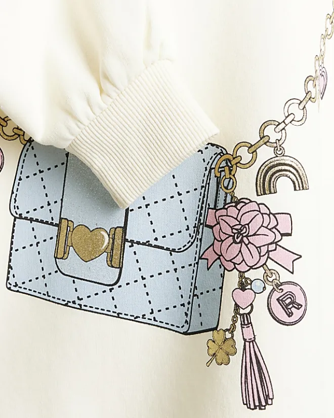River Island Mini girls bag graphic hooded dress Cream Hot