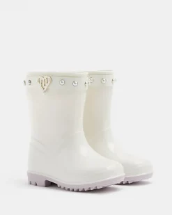 River Island Mini girls RI heart pearl wellie boots Cream Sale