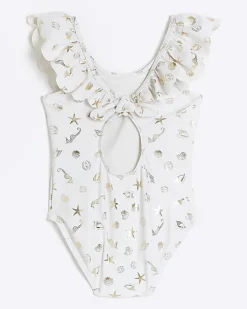 River Island Mini girls shell frill swimsuit Cream Outlet