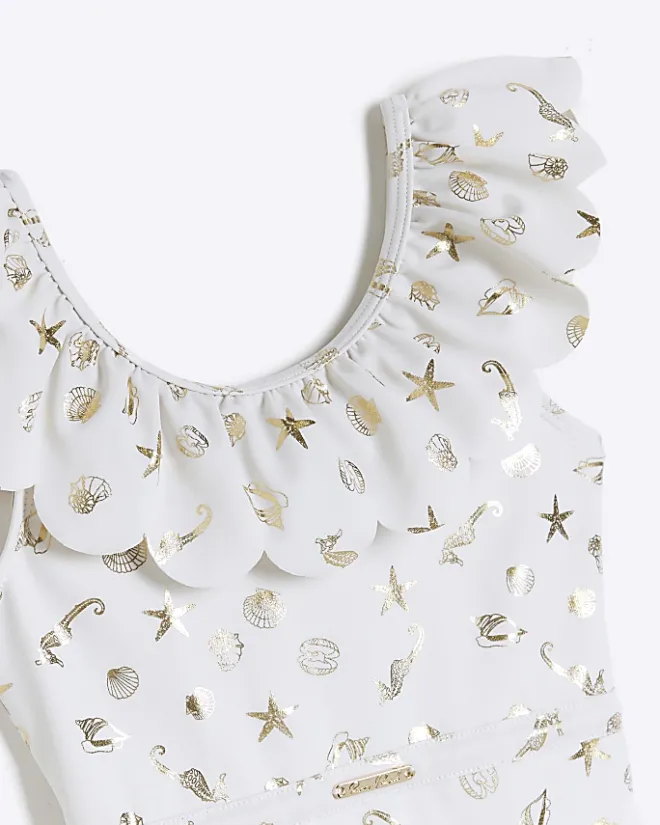 River Island Mini girls shell frill swimsuit Cream Outlet