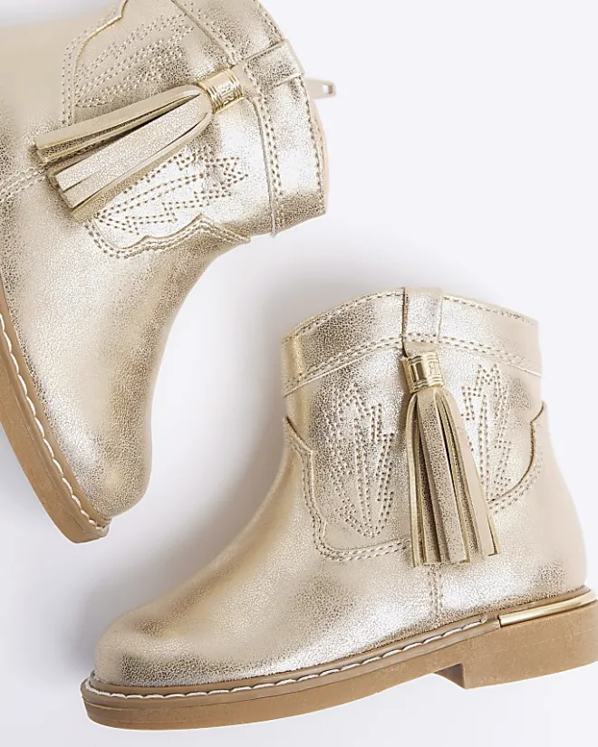 River Island Mini girls gold tassel western boots Yellow Clearance