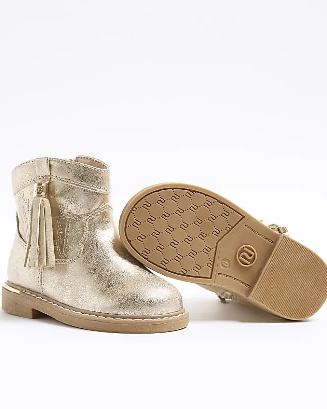 River Island Mini girls gold tassel western boots Yellow Clearance
