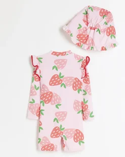 River Island Mini girls strawberry swimsuit set Pink Fashion