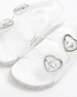 River Island Mini girls silver glitter heart jelly sandals Grey New