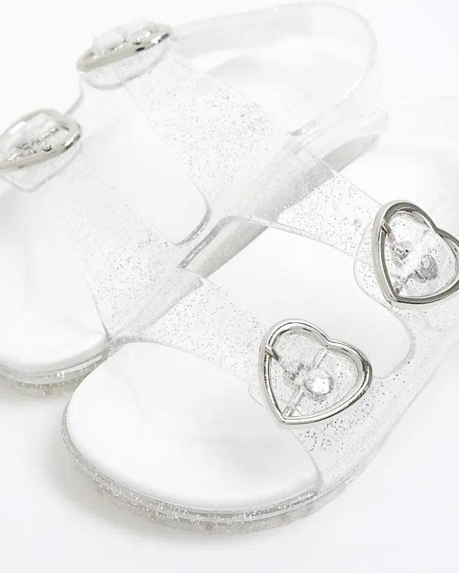 River Island Mini girls silver glitter heart jelly sandals Grey New