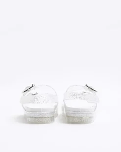 River Island Mini girls silver glitter heart jelly sandals Grey New