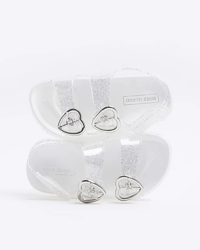 River Island Mini girls silver glitter heart jelly sandals Grey New