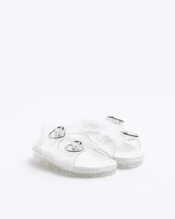 River Island Mini girls silver glitter heart jelly sandals Grey New