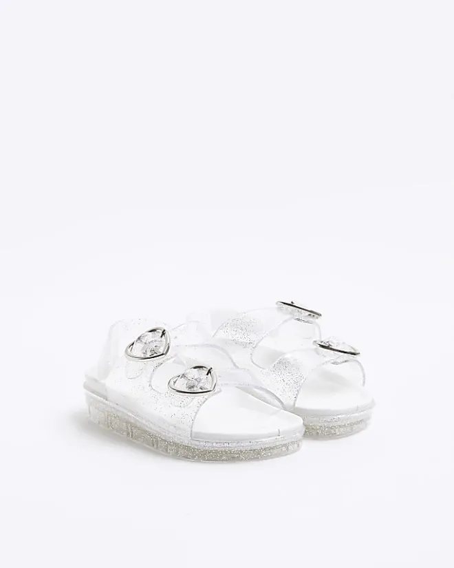 River Island Mini girls silver glitter heart jelly sandals Grey New