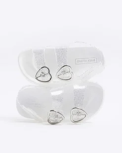 River Island Mini girls silver glitter heart jelly sandals Grey New