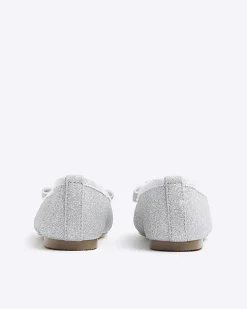 River Island Mini girls silver glitter bow ballet pumps Grey Discount