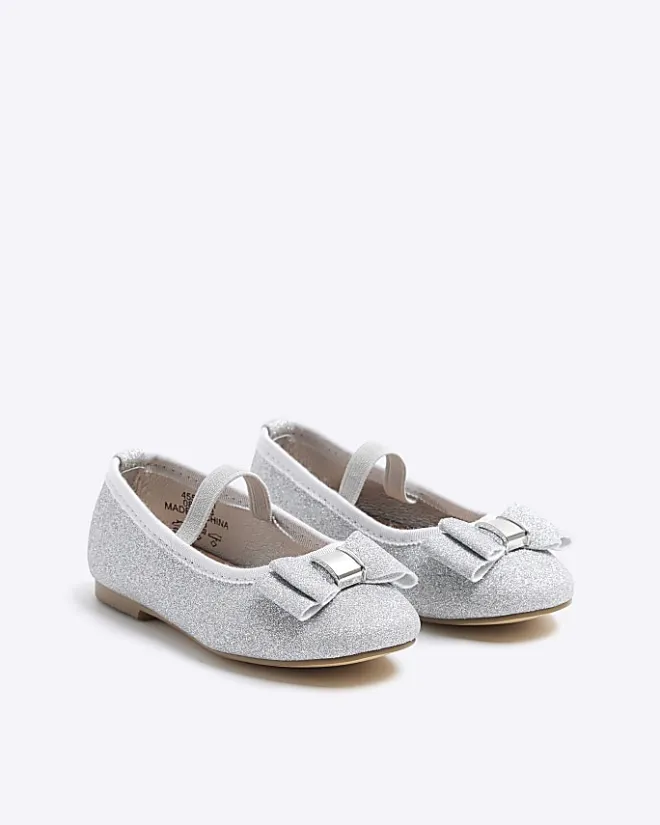 River Island Mini girls silver glitter bow ballet pumps Grey Discount