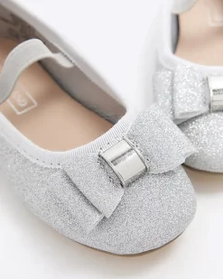 River Island Mini girls silver glitter bow ballet pumps Grey Discount