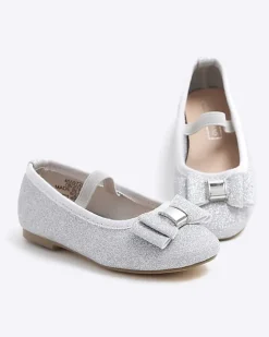 River Island Mini girls silver glitter bow ballet pumps Grey Discount