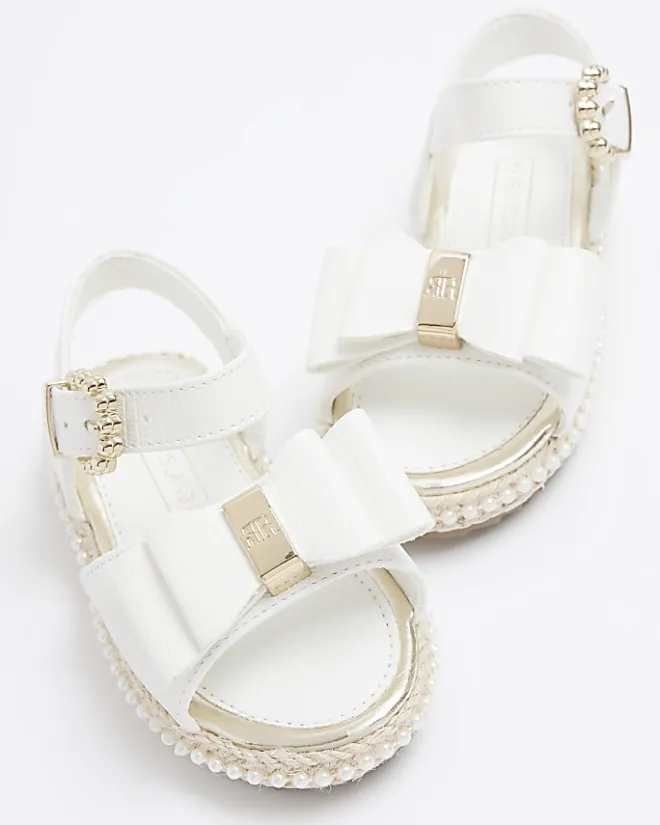 River Island Mini girls pearl trim bow sandals White Discount