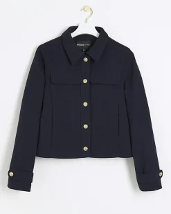 River Island Navy button detail crop jacket Blue Best