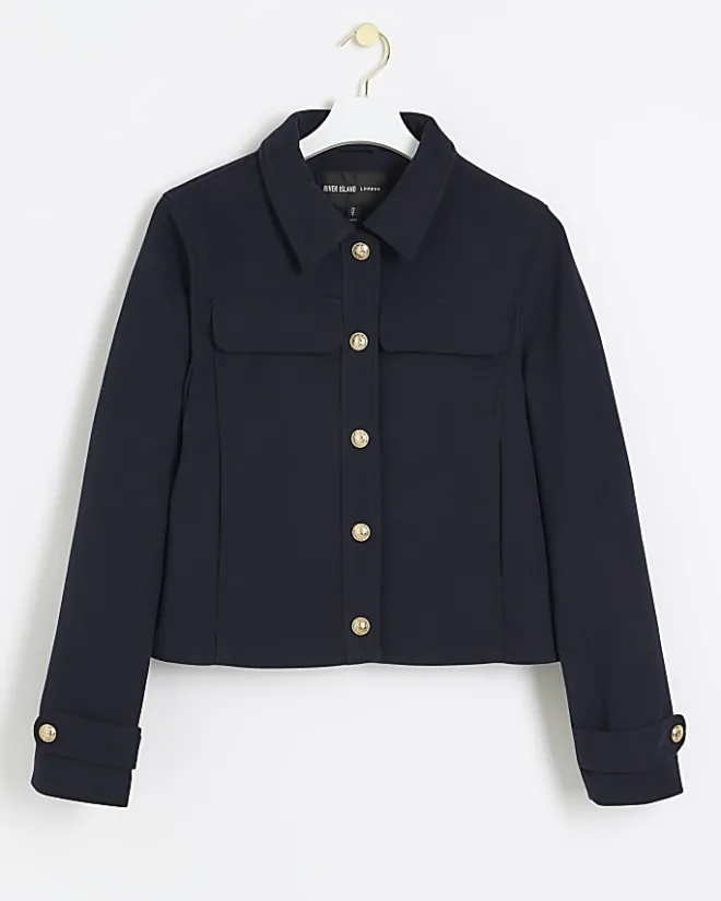 River Island Navy button detail crop jacket Blue Best