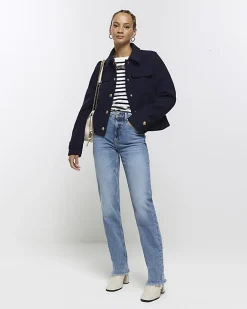 River Island Navy button detail crop jacket Blue Best