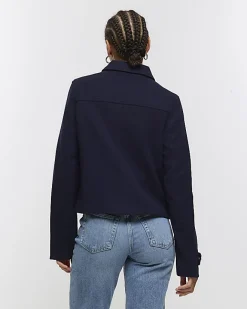 River Island Navy button detail crop jacket Blue Best