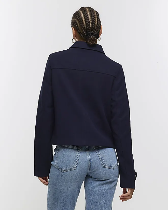 River Island Navy button detail crop jacket Blue Best