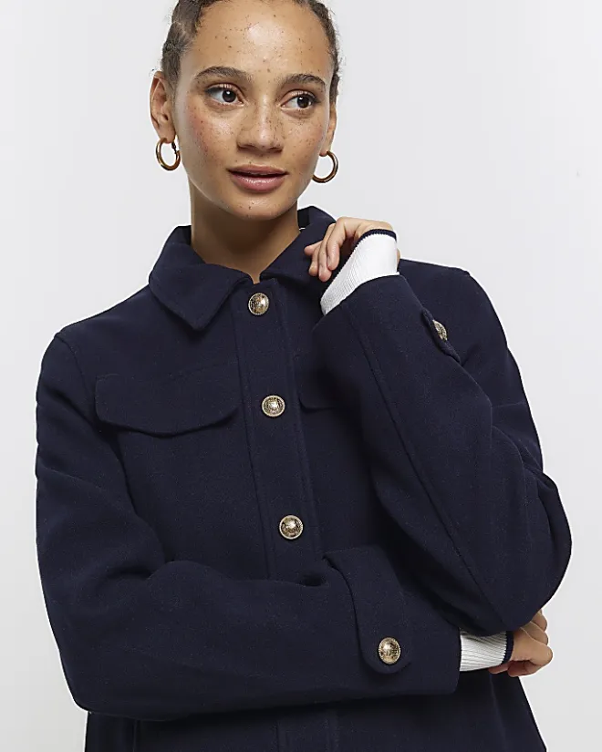 River Island Navy button detail crop jacket Blue Best