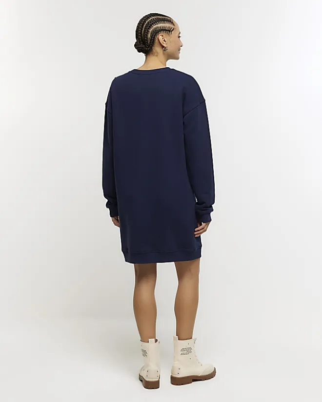 River Island Navy button detail sweatshirt mini dress Blue Clearance