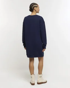River Island Navy button detail sweatshirt mini dress Blue Clearance