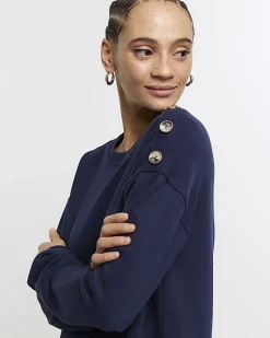 River Island Navy button detail sweatshirt mini dress Blue Clearance