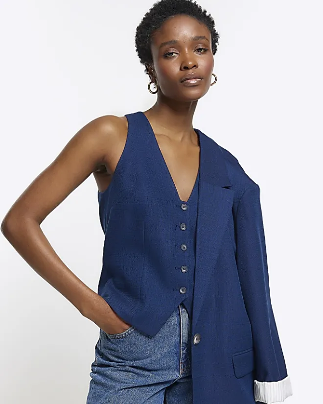 River Island Navy button front waistcoat Blue Discount