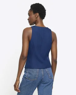 River Island Navy button front waistcoat Blue Discount