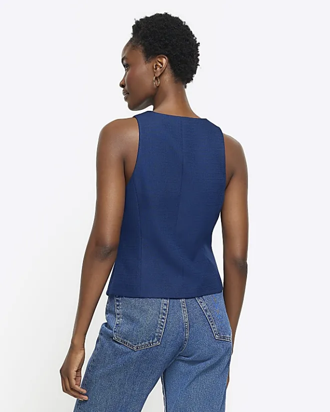 River Island Navy button front waistcoat Blue Discount