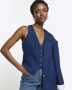 River Island Navy button front waistcoat Blue Discount