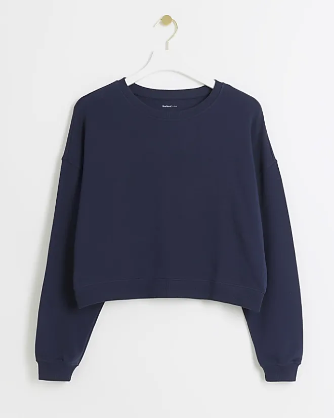 River Island Navy crop plain sweatshirt Blue Sale