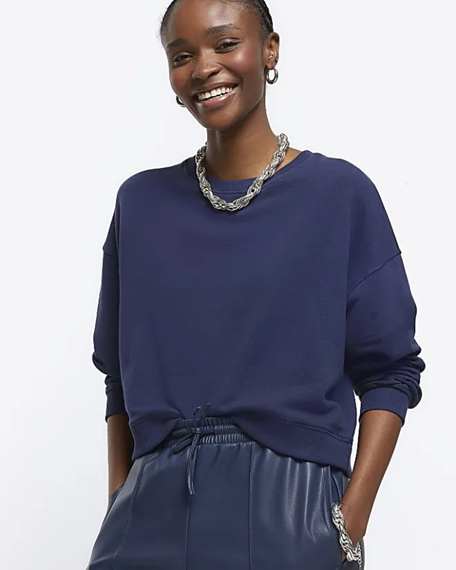 River Island Navy crop plain sweatshirt Blue Sale