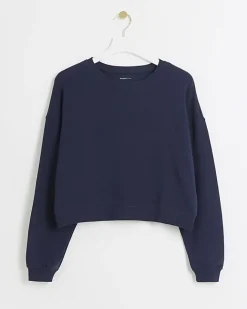 River Island Navy crop plain sweatshirt Blue Sale