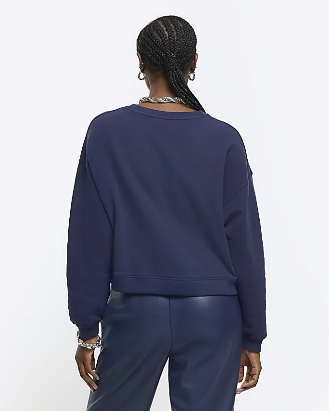 River Island Navy crop plain sweatshirt Blue Sale