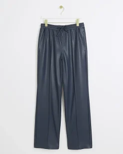 River Island Navy faux leather wide leg trousers Blue Online