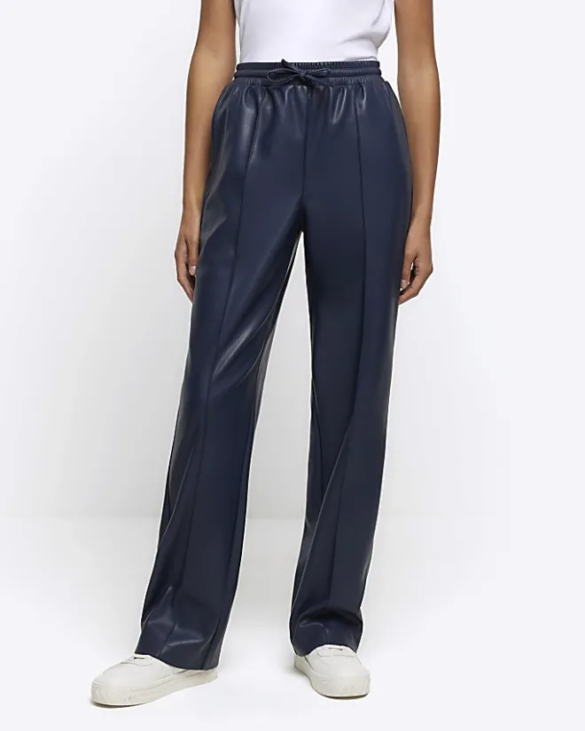 River Island Navy faux leather wide leg trousers Blue Online