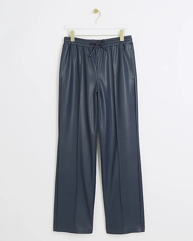 River Island Navy faux leather wide leg trousers Blue Online