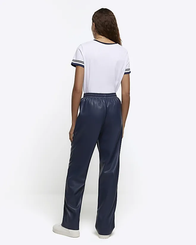 River Island Navy faux leather wide leg trousers Blue Online