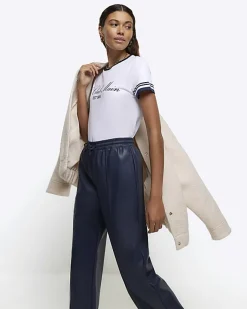 River Island Navy faux leather wide leg trousers Blue Online
