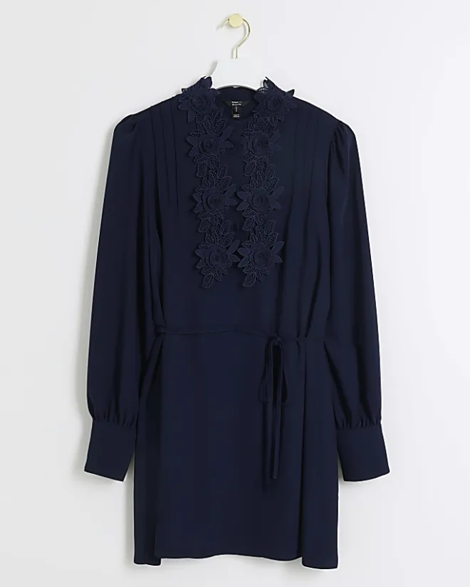 River Island Navy floral tie waist shift mini dress Blue Discount