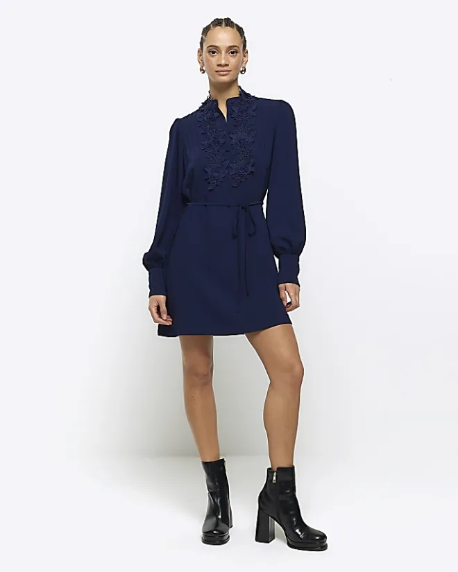 River Island Navy floral tie waist shift mini dress Blue Discount