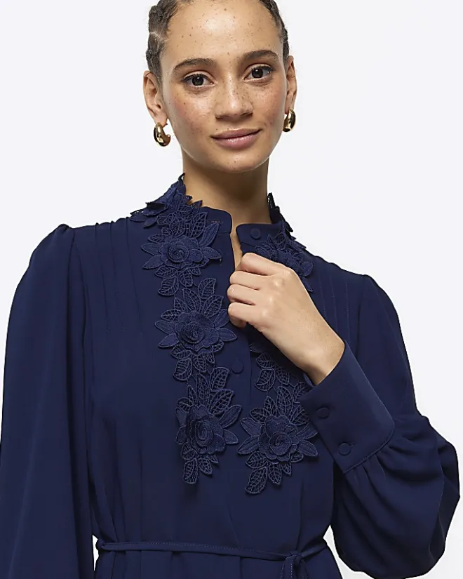 River Island Navy floral tie waist shift mini dress Blue Discount